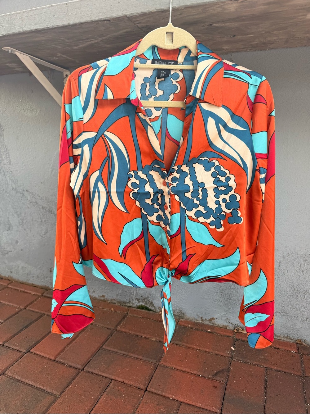 Rachel Zoe Orange Floral Tie-Front Blouse with Turquoise Accents